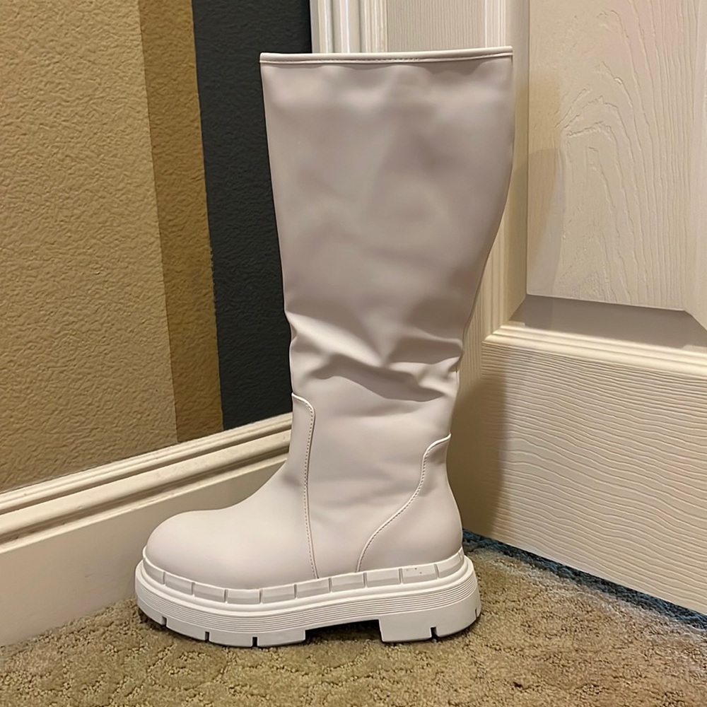 White chunky platform knee high boots